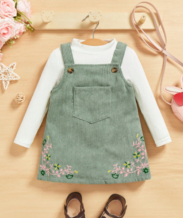 Green Corduroy Embroidered Pinafore