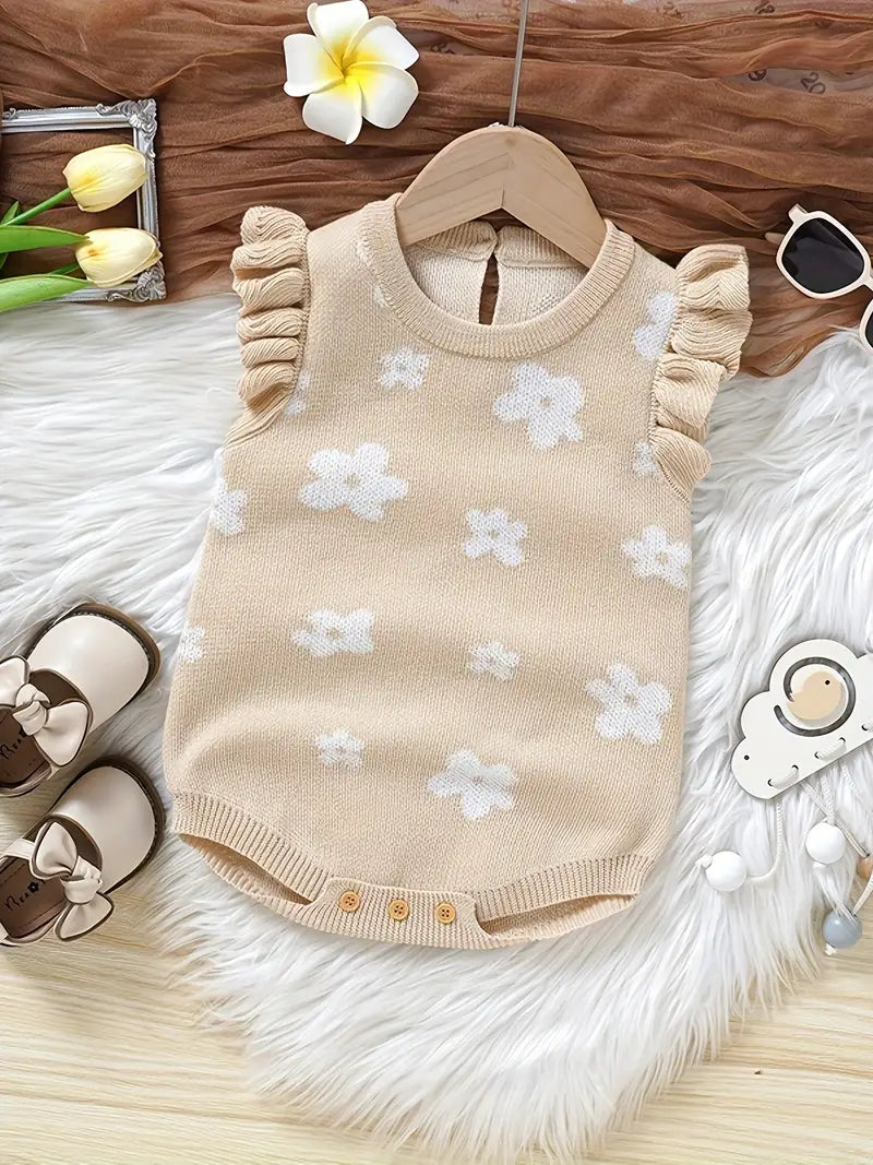 Cream Knit Romper with Lettuce Sleeves and White Flowers