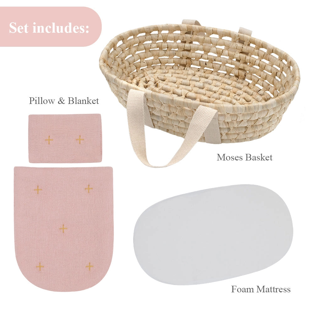 Rattan Doll Moses Basket with Peach Pink Bedding