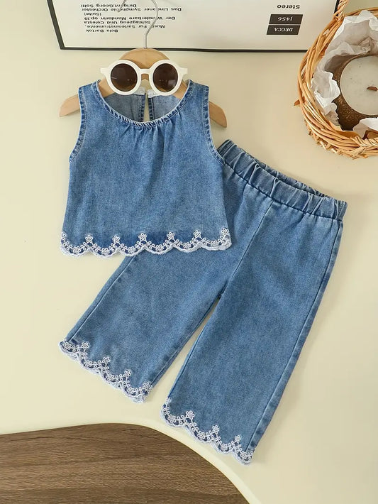 Denim Top and Long Pants with scollop embroidered trim