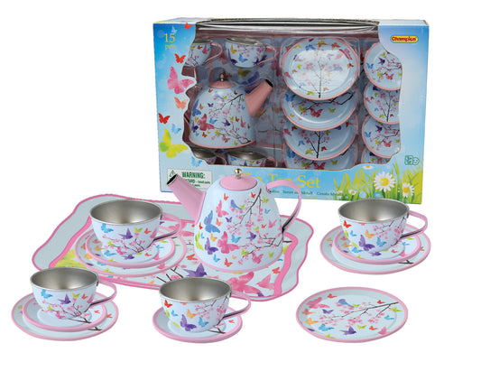 Pink Blossom Butterfly Tin Tea Set
