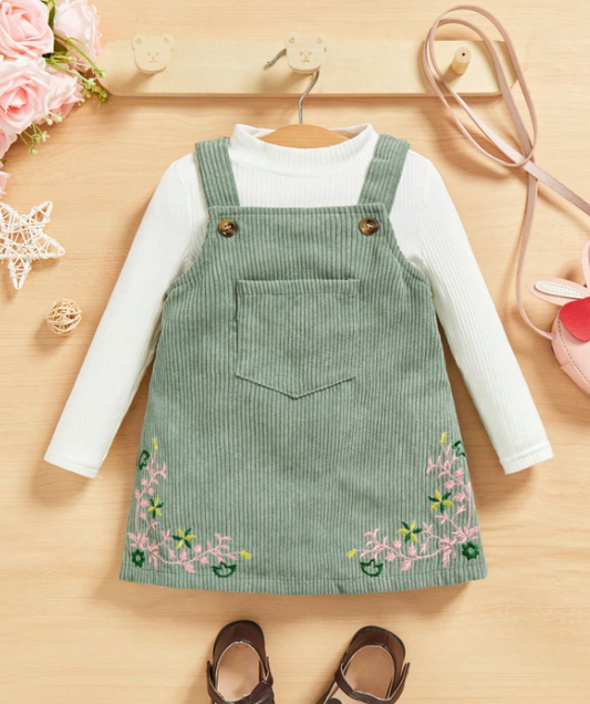 Green Corduroy Embroidered Pinafore