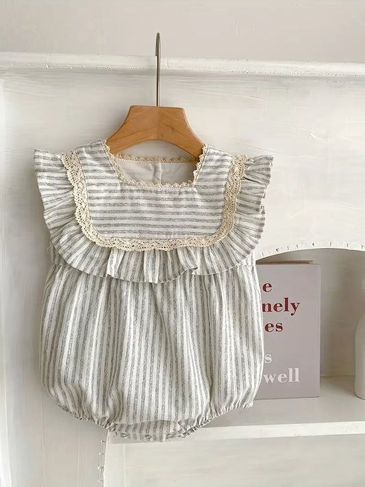 Green Stripe Ruffle Lace Bodice Romper
