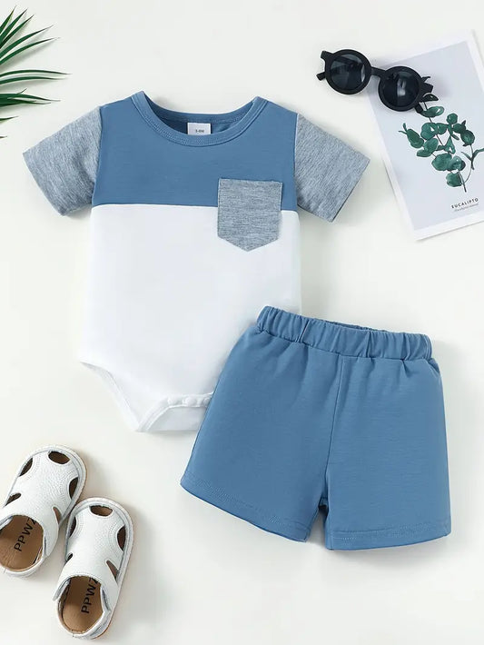 Blue and White Bodysuit with Grey Pocket and Blue Shorts