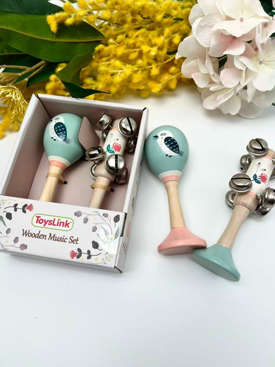 Wooden Kookaburra Maraca & Waratah Jingle Stick Musical Set